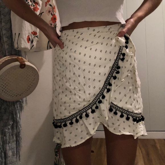 Pom detail wrap skirt
